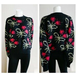Vintage Y2K  Floral Novelty Print Black Pink Cute Statement Pullover S/M